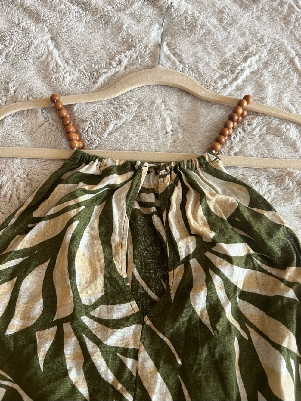 Tahari Olive & Cream Tropical Halter Dress with Bead Detail - Picture 3 of 5
